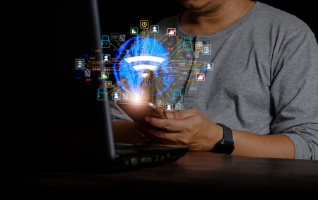 businessman using notebook communicate online high speed wifi It works over a wireless connection. The concept of the world of communication without limitation.の写真素材