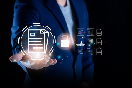 Businessman showing document icon to access information in online document. through the protection...