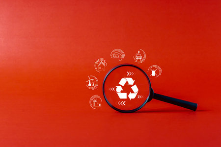 Carbon credit concept. CO2 reduction icon in magnifying glass on red background. To propel the industry in the direction of low emissions for efficient CO2 reduction, magnifier glass with a circular economy icon around.The concept of eternity, endless and unlimited.の写真素材