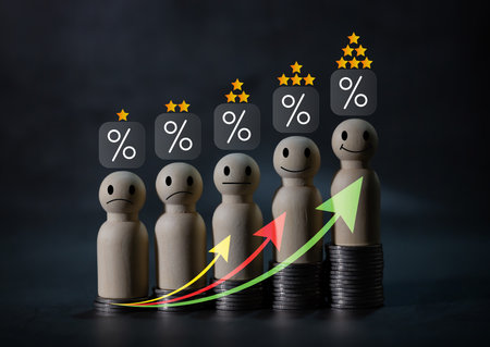 Wooden doll with moody face and yellow star Evaluation and satisfaction of customers with products...
