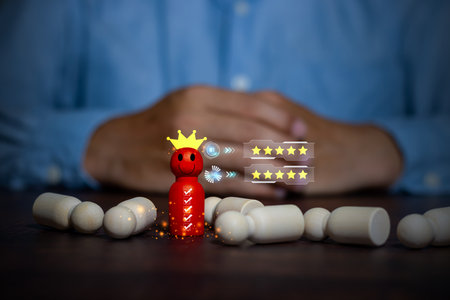 Businessman hand placing reposition red wooden doll success leader unleashing power teamwork,Wooden...