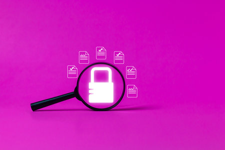 Security search uses a magnifying glass. System weaknesses and massive connection information and...