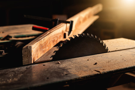 Close-up of a carpenter using a circular saw or a tool to cut wooden planks To make furniture in...