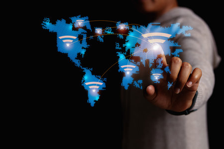Wi-Fi wireless internet technology For convenience In daily life, wireless internet concept provides free WiFi network signal.with wifi icon, social network concept, business communication, with speedの写真素材