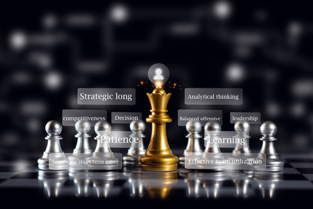 golden chess queen surrounded by silver pieces represents strategic leadership, analytical thinking, patience, decision-making, leadership, management, and organizational development.の写真素材