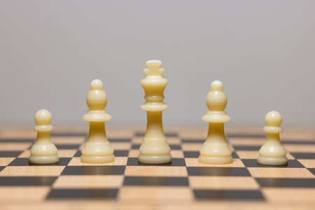 White chess king surrounded by pawns on chessboard, symbolizing leadership, teamwork, strategy, business planning, and decision making.の写真素材