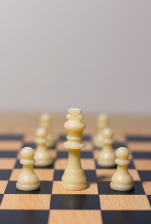 White chess king surrounded by pawns on chessboard, symbolizing leadership, teamwork, strategy,...