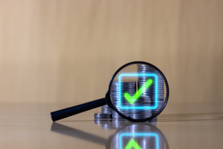 Magnifying glass focusing on stacked coins with glowing check mark, symbolizing financial approval, investment analysis, and money security.の写真素材