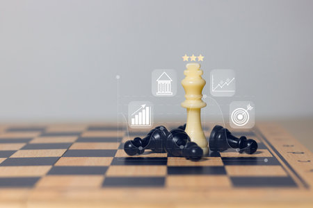 White chess king surrounded by pawns on chessboard, symbolizing leadership, teamwork, strategy,...