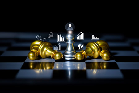 Silver chess pawn with business and financial icons symbolizes leadership, strategy, and growth in competitive markets.の写真素材