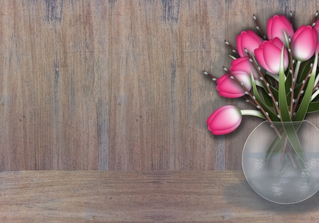 Bouquet of pink tulips and willow in a vase, textured wood background   の写真素材