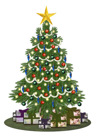 Decorated oldstyle christmastree with giftsの写真素材
