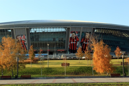 Donetsk - November 1, 2010. In a park near the Donbass Arena November 1, 2010. Donbass Arena, a stadium of the famous Ukrainian soccer club のeditorial素材