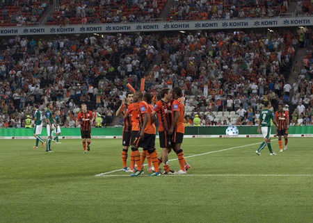Donetsk, Ukraine - July 10, 2011. Shakhtar players are happy just scored a goal in the gate Obolon Kiev. The match took place at Donbass Arenaのeditorial素材