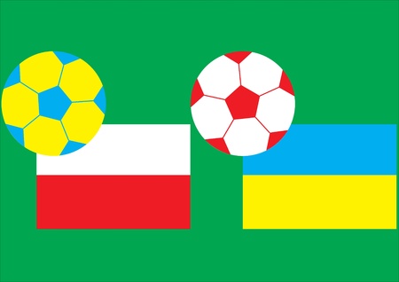Soccer balls and flags on the green background. Colors of Ukraine and Poland, Euro 2012 hostsのイラスト素材
