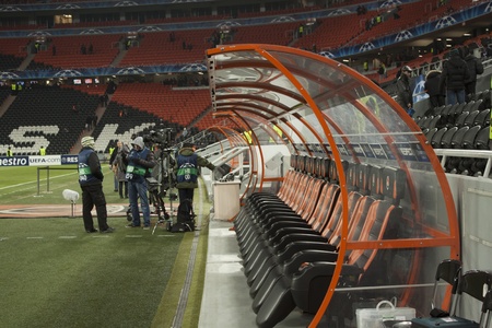 DONETSK, UKRAINE - NOVEMBER 23, 2011: The visiting team bench on Donbass Arena stadium before the match of the Champions League FC Shakhtar Donetsk vs. FC Porto in Donetsk on November 23, 2011.のeditorial素材