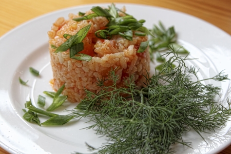 Rice in Hungarian style with paprika on a white plate with green onions and dillの写真素材