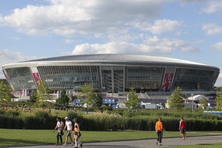 DONETSK, UKRAINE - JUNE 27, 2012: Stadium Donbass Arena before the semi-final match of UEFA EURO 2012 Spain vs. Portugal in Donetsk. At this stadium played five matches of UEFA EURO 2012 crowded the tribunesのeditorial素材