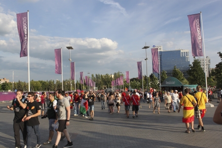 DONETSK, UKRAINE - JUNE 27, 2012: Fans gather for soccer semifinal match of Euro 2012 Spain vs. Portugal in Donetsk Donbass Arena. Spain won by penalties and then won final matchのeditorial素材