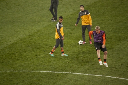 DONETSK, UKRAINE - FEBRUARY 13, 2013: Players of FC Shakhtar warming up before the match of the Champions League with Borussia Dortmund in Donetsk. The final score was 2 - 2.のeditorial素材