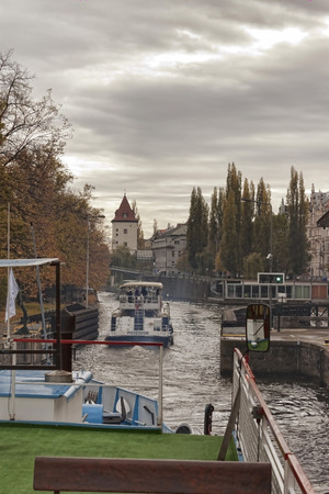 PRAGUE, CZECH REPUBLIC - NOVEMBER 4, 2012: Through the locks on the Vltava. Walk on the river boat popular with touristsのeditorial素材