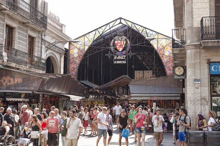 BARCELONA, SPAIN - JULY 13, 2013: Boqueria Market - City Market in Barcelona. Entrance from the Ramblas.のeditorial素材