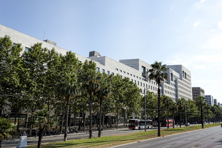 BARCELONA, SPAIN - JULY 13, 2013: Modern building on the Diagonal street in Barcelonaのeditorial素材