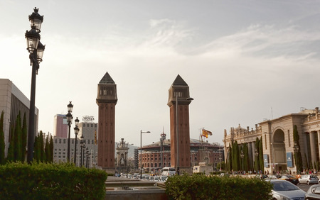 BARCELONA SPAIN  JULY 13 2013: Venetian tower in the Plaza of Spain in Barcelona. Behind the right  the bullfighting arenaのeditorial素材