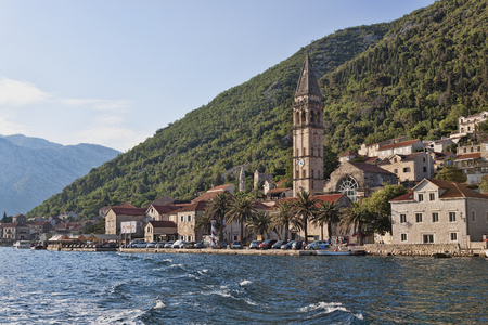 PERAST, MONTENEGRO - JUNE 27, 2017: 55 meter high bell tower of St. Nicholas Church - the highest on the coastのeditorial素材