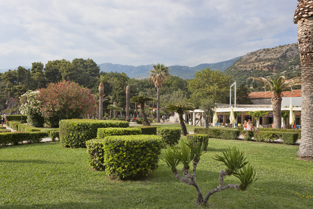 SVETI STEFAN. MONTENEGRO - JUNE 28, 2017: Park near the island of Sveti Stefanのeditorial素材
