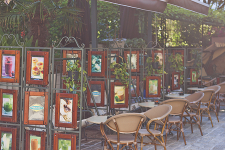 BUDVA, MONTENEGRO - JUNE 26, 2017: Free tables in the open area of the restaurantのeditorial素材