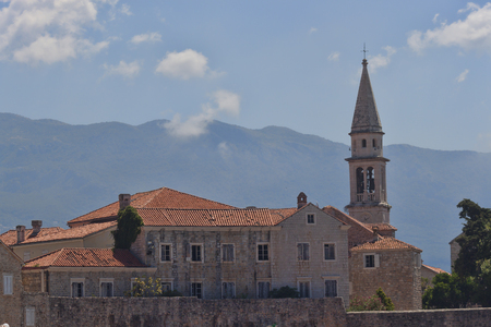 Old Town of Budva, view from the sea in the morningのeditorial素材