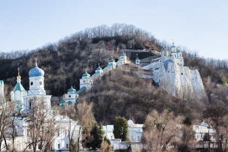 Churches Sviatohirsk Lavra. Cloudy day in April. Ukraine, Donetsk regionの写真素材