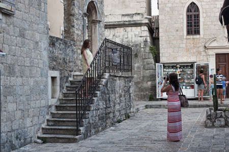 BUDVA, MONTENEGRO - JUNE 26, 2017: Narrow streets of the old city of Budva always attract touristsのeditorial素材