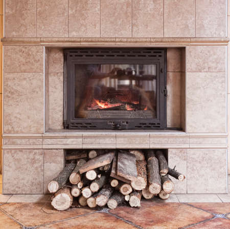 Fireplace with a closed glass door. Below are the firewood prepared for tossing.の写真素材