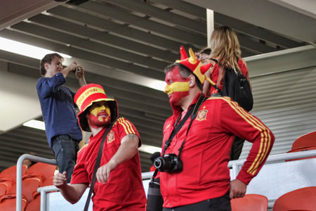 DONETSK, UKRAINE - JUNE 27, 2012: Spanish fans in Donetsk after the semi-final match of UEFA EURO 2012 Spain vs. Portugal. Spain reached the final!のeditorial素材