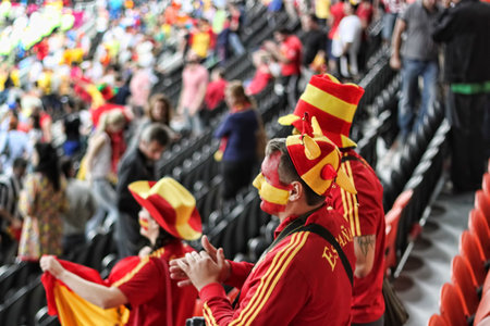 DONETSK, UKRAINE - JUNE 27, 2012: Spanish fans in Donetsk after the semi-final match of UEFA EURO 2012 Spain vs. Portugal. Spain reached the final!のeditorial素材