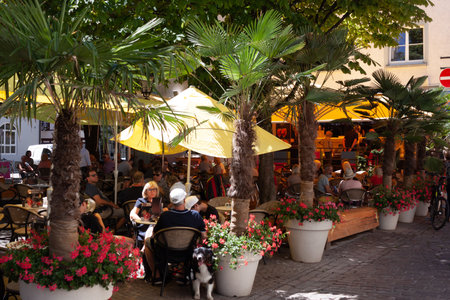 UEBERLINGEN, BODENSEEKREIS, BADEN-WUERTTEMBERG, GERMANY - JULY 2, 2022: Summer terrace of the...