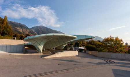 INNSBRUCK, AUSTRIA - OCTOBER 14, 2023: Hungerburg station of Hungerburgbahn, hybrid funicular railway in Innsbruck, Austria. Funicular connecting the city district of Hungerburg with the city centre.のeditorial素材