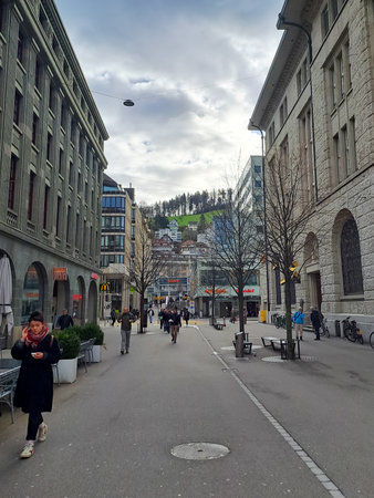 ST. GALLEN, SWITZERLAND - JANUARY 3, 2024: Streets of St. Gallen. The Charimg city and also Unesco heritage sites in Switzerlandのeditorial素材