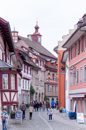 STEIN AM RHEIN, SWITZERLAND - OCTOBER 9, 2022: Unique painted houses in the old town of Stein am Rheinのeditorial素材