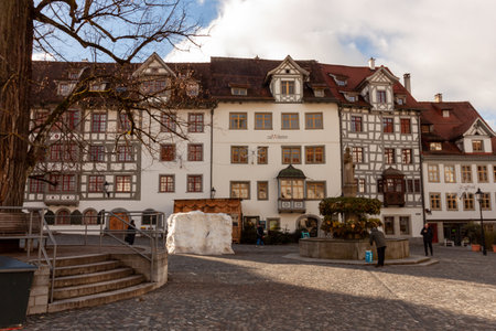 ST. GALLEN, SWITZERLAND - JANUARY 3, 2024: Streets of St. Gallen. The Charming city and also Unesco heritage sites in Switzerlandのeditorial素材