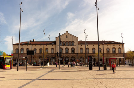 TUEBINGEN, GERMANY - APRIL 6, 2024: Building of Tuebingen Main railway station, Baden-Wuerttemberg, Germanyのeditorial素材