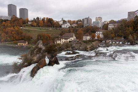 View from viewing platform on Rhine falls (Rheinfalls) the biggest waterfall in Europe. Switzerlandの写真素材