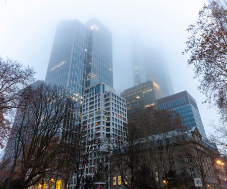 Skyscrapers in Frankfurt's financial district shrouded in fog. Decemberの写真素材