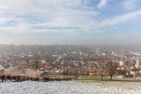Panoramic view of St. Gallen, Switzerland, showing a city sprawling across a valley with distant...