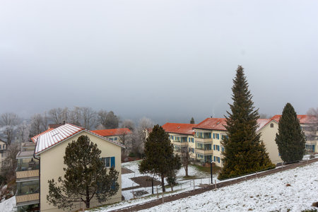 An elevated view of a quiet residential area in St. Gallen, Switzerland, shrouded in a soft, misty...