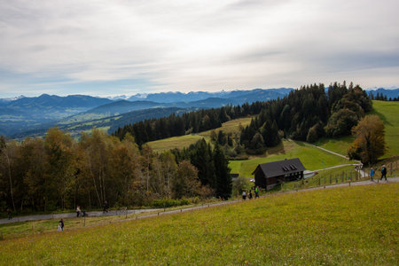 Breathtaking panoramic view from the Pfänder mountain in Austria, showcasing the majestic Alps...