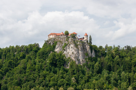 Bled Castle, a medieval fortress, stands majestically atop a steep cliff overlooking Lake Bled, Sloveniaの写真素材