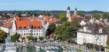 LINDAU, BAVARIA, GERMANY - AUGUST 31, 2025: Panoramic aerial view of the historic old town and harbor of Lindau island on Lake Constance (Bodensee)のeditorial素材